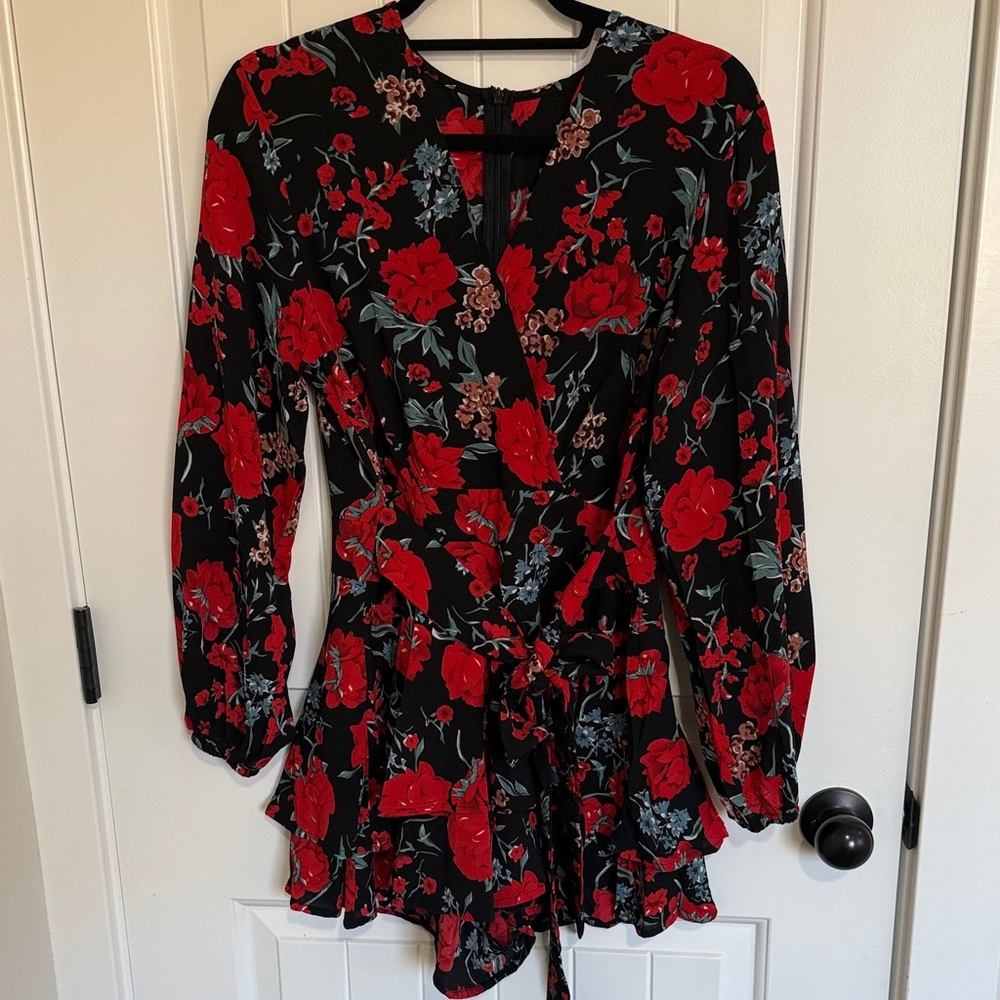 Floral V-Neck Wrap Romper with Red and Black Pattern
